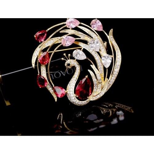 Colorful Cubic Zirconia Peacock Brooches Jewelry Copper Gold-Plated Suit Brooch Accessories Brand Design Bird Corsage For Women