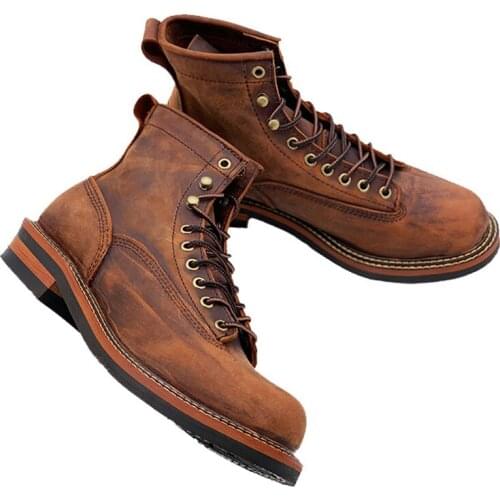 Mens Retro Leather Work Boots Lace-up Motorcycle Ankle Boots