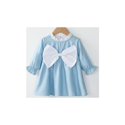 New girls blue skirt doll collar petal sleeve bow cute knee-length princess dress