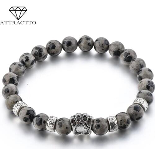 ATTRACTTO New Grey Dog Cat Footprint Paw Bracelets Bangles For Women Natural Stone Stretch Bracelet Handmade Bracelets SBR190005