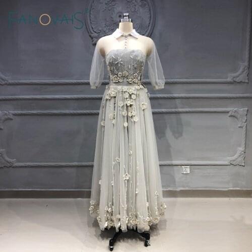 Luxury Evening Dresses 3/4 Sleeve Delicate 3D Flower Beaded Formal Party Gown Ankle Length Vestido De Fiesta 2018 NE21