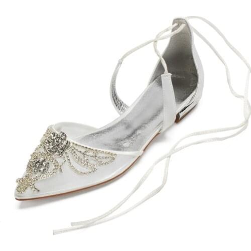 Mesh Crystals Wedding Flats Shoes for Bride Pointed Toe Ankle Strap Rhinestones Prom Evening Bridesmaid Dress Shoes Flats