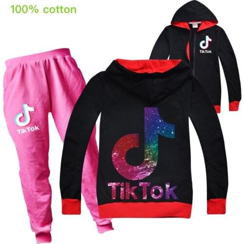 TIK TOK Cartoon Hoodies Kids Sweatshirts 2pcs Set Baby Toddler Girls Zipper Coat + Pants Clothes Casual Sportswear