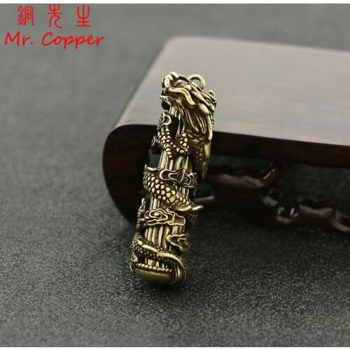 Vintage Copper Dragon Pillar Crafts Figurines Car Key Chain Pendant Retro Brass Chinese Feng Shui Ornament Home Decor Acccessory