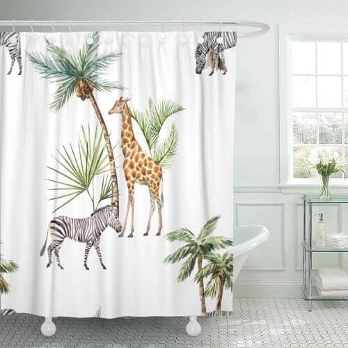 Watercolor Tropical Pattern Animals Zebra and Giraffe Stand Under Shower Curtain Waterproof Polyester Fabric 72 x 72 Inches