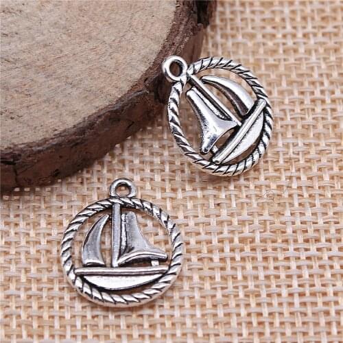 WYSIWYG 5pcs 18x16mm Round Boat Charm Pendants For Jewelry Making Antique Silver Color Sailing Boat Pendants Charm