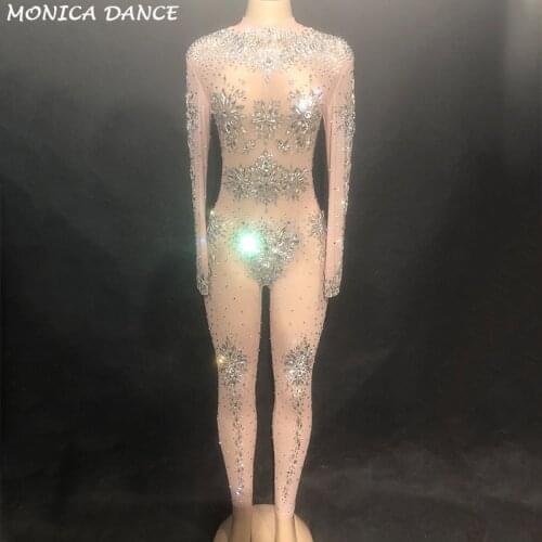 Bright Silver Rhinestones Mesh Jumpsuit Perspective Birthday Outfit Female Singer Evening Party Prom Celebrate Sexy Dance Wear