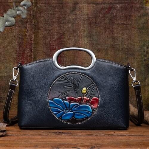 Genuine Leather Women Bag Vintage Embossed Floral Handbag 2021 Summer Cowhide Large Capacity Shopping Shoulder Bags Sac A Main