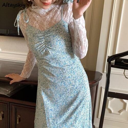 Sleeveless Dresses Women Korean Style Vestidos Mujer Summer Vintage Folds Trumpet Charm Print Tender Design Temperament Fashion