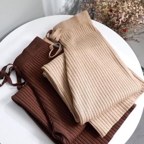 2019 autumn winter new casual straight pants women female drawstring loose high waist knitted wide leg pants casual Trousers