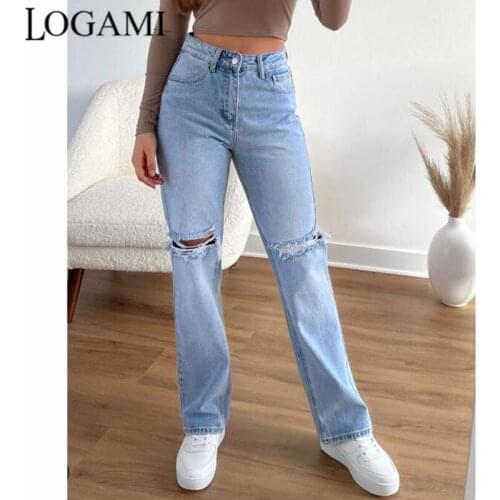 LOGAMI High Waist Ripped Jeans for Women Loose Straight Hole Denim Trousers Retro Jeans