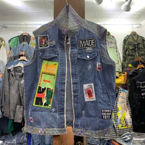 Spring summer new womens fashion patch designs spliced Loose denim vest coat Y629