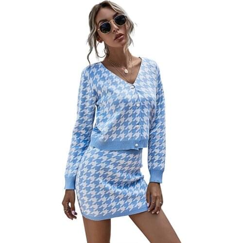 Fanco Knitted Sweater Skirt Suit Houndstooth Women Cardigan V-Neck Long Sleeved Autumn and Winter Short Skirt Two Piece Set Slim