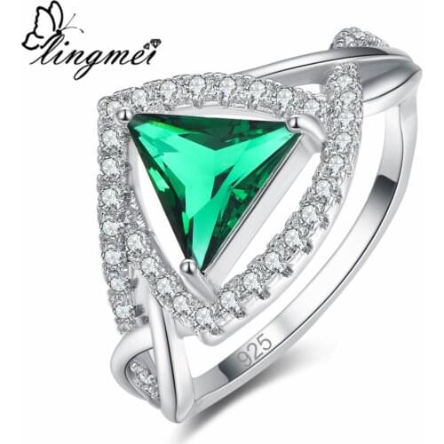 Lingmei New Arrival Triangle Green & Sea Blue White CZ Silver ColorRing Size 6-9 Anniversary Party Women Jewelry Gifts