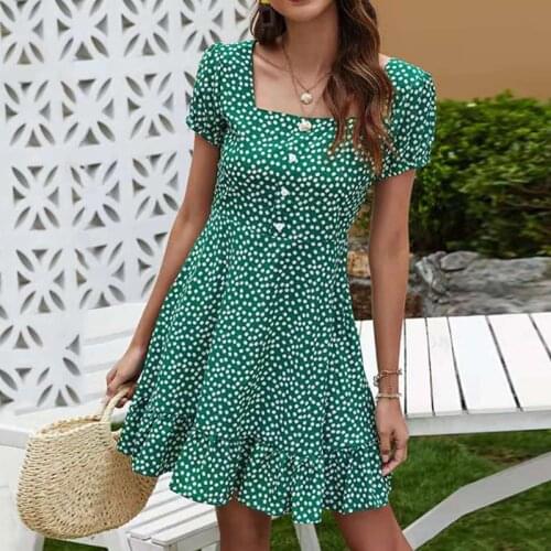 Women Summer Floral Ruffle Dress Ladies Daisy Print Short Sleeve Square Collar Button Casual Beach Mini Dresses