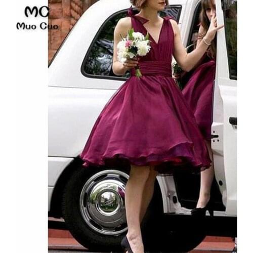 2018 Grape Bridesmaid Dress Short V-Neck Chiffon Bow Formal Wedding Party Dress Custom Made Women Bridesmaid Dresses