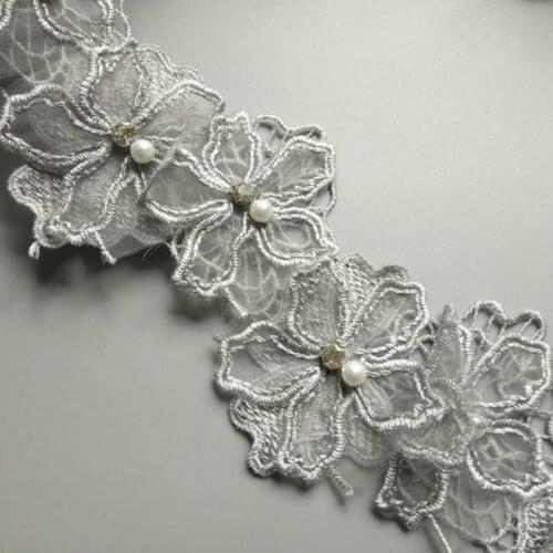 1 yards Gray 8cm Pearl Flower Embroidered Lace Trim Ribbon Floral Applique Fabric Patches DIY Wedding Dress Sewing Craft