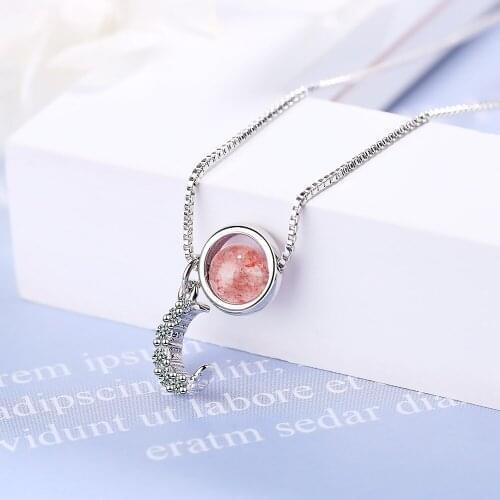 BUC55 925 Silver Fashion Moon Pink Rhinestone Crystal Ladies Pendant Necklaces Jewelry Women Short Chains No Fade Gift