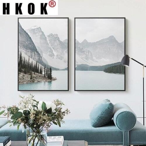 HKOK Canvas Painting Mountain Lake Wall Art Poster Nordic Landscape Print Minimalist Decorative Picture Modern Living Room Decor