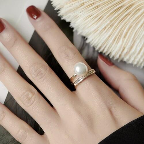 Gold Elegant Big Ball White Imitation Pearl Zircon Rings Women Open Size Finger Band Wedding Jewelry Nail Ring Adjustable