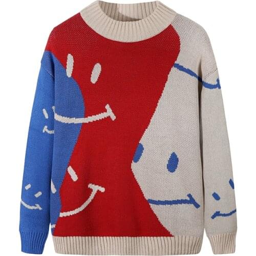 Smile Embroidery Sweater Men Fashion Korean Pullovers Cotton Mens Designer Pattern Sweater O Neck Winter Clothes Oversized New