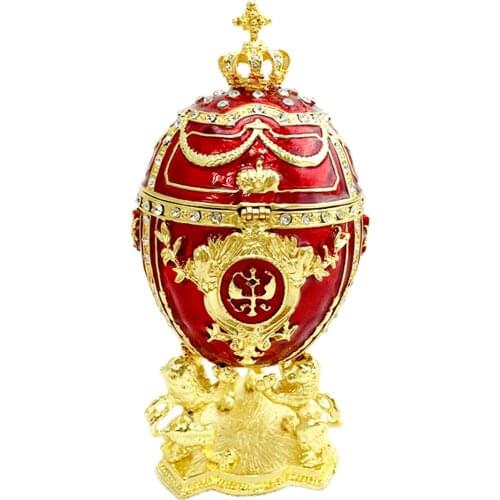 Rhinestone Enameled Egg Shape Jewelry Box Earrings Rings Organizer Red Tone