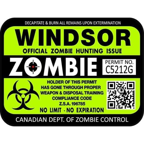 Funny Canada Windsor Zombie Hunting License Plate Car Sticker PVC Fashion Decoration Accessories Waterproof Decal 15cm*11cm