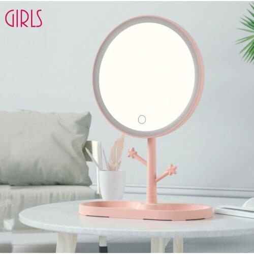 LED Makeup Mirror With Light Ladies Makeup Lamp With Storage Desktop Rotating Mirror Round Shape Cosmetic Mirrors Christmas Gift