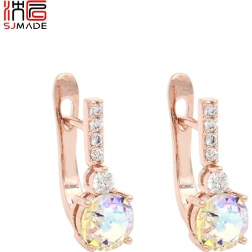 SJMADE Japanese Korean CZ Colorful Round Crystal Dangle Earrings 2020 Fashion Luxury 585 Rose Gold White Gold For Women Jewelry