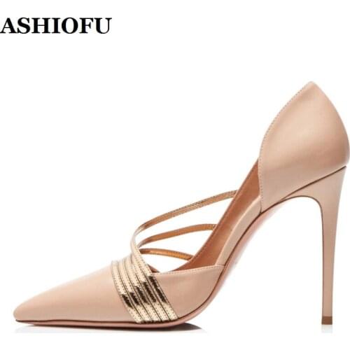 ASHIOFU New Hot Sale Handmade Ladies High Heel Pumps Office&Career Party Dress Shoes Stripped Evening Daily Wear Fashion Shoes