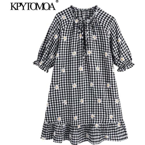KPYTOMOA Women 2021 Sweet Fashion Floral Embroidery Ruffled Mini Dress Vintage Tied O Neck Puff Sleeve Female Dresses Vestidos
