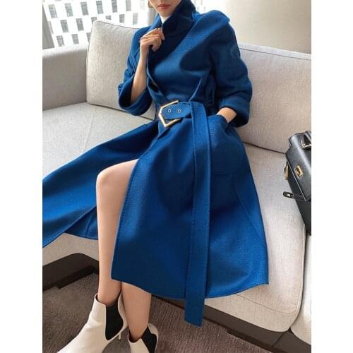 2020 Turn Down Collar With Belt Design Elegant 100�shmere Long Women Woolen Coat Casaco Feminino