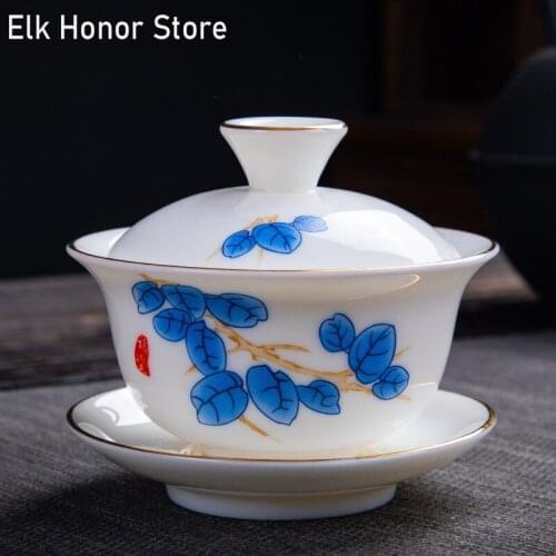 150ml Dehua Mutton Fat Jade Tea Tureen Handmade Lotus Art Jade Porcelain GaiWan Ceramic Bowl With Lid Sopera Kung Fu Teaware