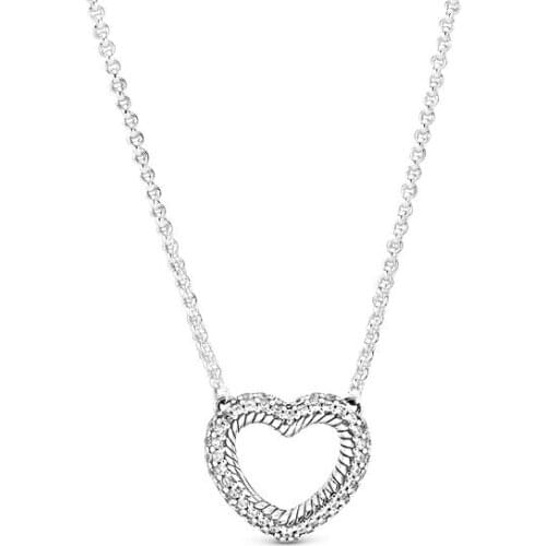 2020 NEW 100% 925 Sterling Silver Pave Snake Chain Pattern Open Heart Collier Necklace Fit Girl Original Fashion Jewelry Gift