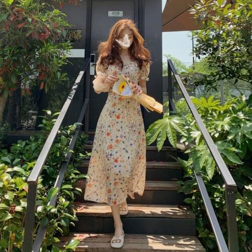 2021 Summer Women Sweet Floral Short Sleeve Vingate Printed Dress Beach Cottagecore Peter Pan Collar High-waist Females Dress