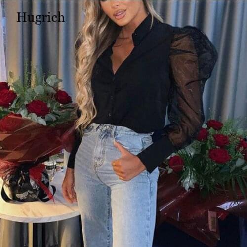 2021New Womens Fashion Blouse Mesh Sheer Puff Sleeve V Neck Button Elegant Blouses Tops Ladies Shirts Blusas Black White
