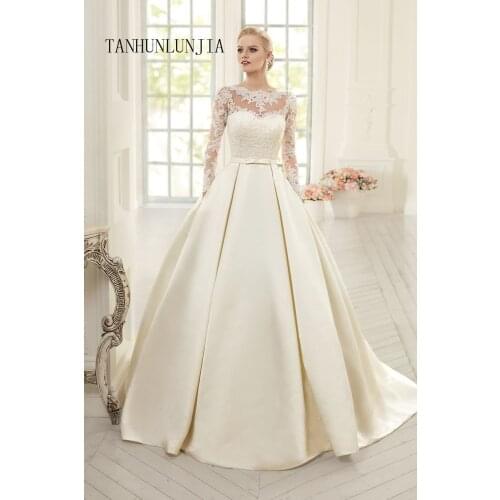 Satin Wedding Dresses with Pockets O-neck Long Sleeves Lace Wedding Dress Robe De Mariee Vestido De Noiva