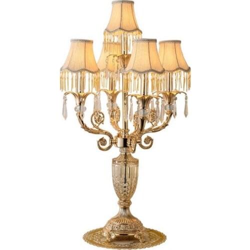 Restaurant decor Gold crystal table light Led candle holders stand light Modern Ac E14 Down Fabric shade Alloy Foyer desk lamp