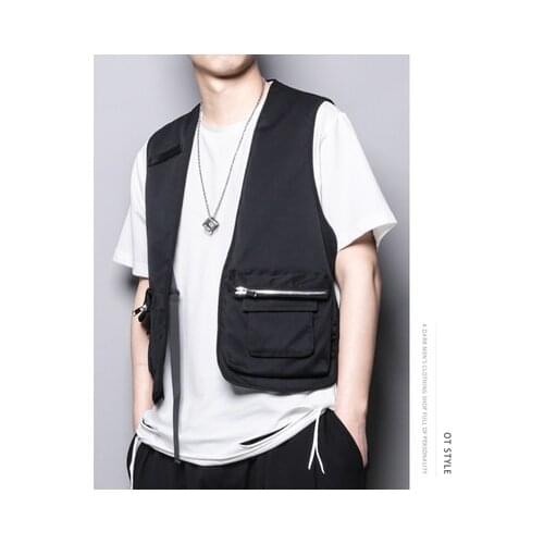 Korea version of the fashion card ribbon buckle zipper pocket jacket personality loose fashion jacket tactical vest man