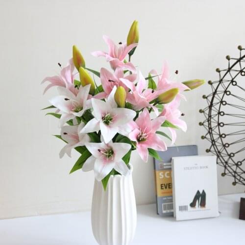 Lily 3 Flower Lily Imitation Flower Lily Adhesive Bunch of Lily Vase Flower Arrangement Home Decoration Creative Decoration
