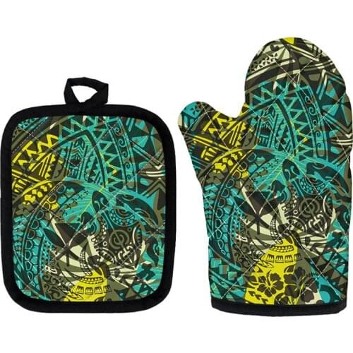 Maoli Kanaka Tattoo Printing 2pcs Kitchen Accessories Oven Gloves and Heat Resistant Mats Home Casual Cooking Baking Tools