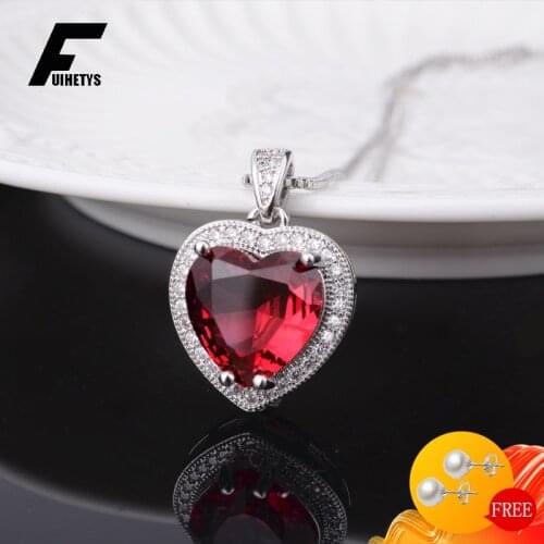 Trendy Necklace 925 Silver Jewelry Heart Shape Ruby Zircon Gemstone Pendant for Women Girl Wedding Engagement Party Accessories