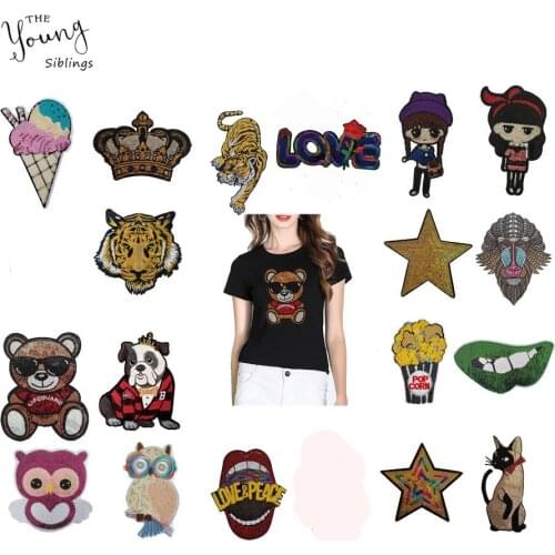 Cartoon Mixture Iron on badges for Clothing Sequin Bear Owl Tiger Patches Fabric Sew Applique DIY Lips Star Stickers Accessories