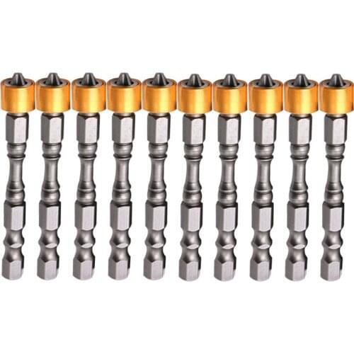 10 Pcs Strong Magnetic PH2 Screwdriver Bit Set 65mm Yellow Aluminum Ring Electronic Phillips Bits for Plasterboard Screw
