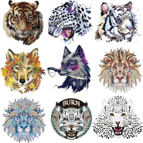 Iron on Stickers for Clothes Fashion Wolf, Lion, Tiger Head Animal Patches Clothing Applications Diy Tops Stripes Badges Top E