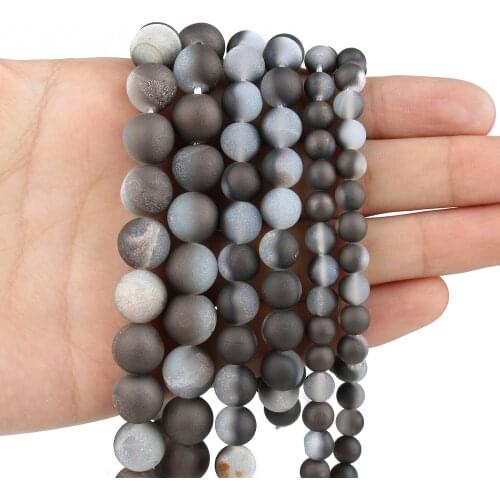 Natural Druzy Agates Rough Beads Dark Gray Cracked Geode Stone Matte Bead for Jewelry Making Needlework Bracelet Necklace 15inch