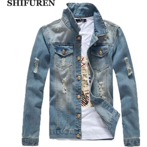 SHIFUREN 2017 Autumn Mens Ripped Denim Jacket Single Breasted Vintage Lightblue Cowboy Jeans Jacket Long Sleeve Large Size M-3XL