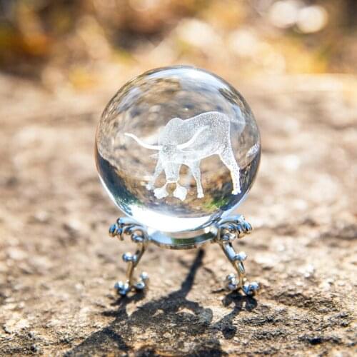 H&D 60mm 3D Ball Furious Bull Crystal Ball Glass Arts & Crafts Miniature Ball Home Decor Accessories Christmas Gift Metal Stand
