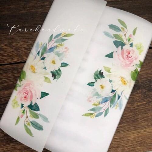 Pink Floral Vellum Wedding Invitation with Wax Seal，green leaf and white flower AI084