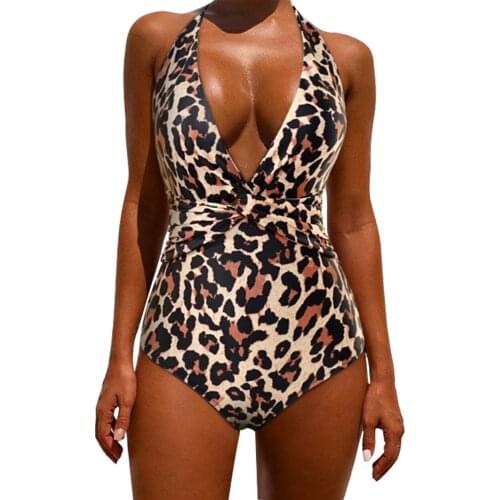 Leopard One Piece Swimsuit Women 2021 Plus Size String Knot V Neck Bathing Suit Swimming Suit Bodysuit Monokini Swimwear Women